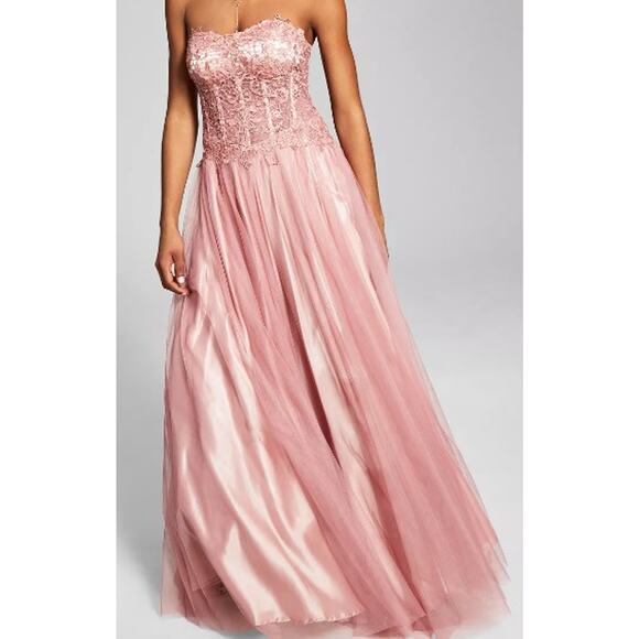 BCX 15 XL Mauve Pink Beaded Embroidered Tulle Strapless Maxi Dress Gown B120 - Picture 2 of 8